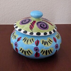 Handmade Ceramic hand painted Blue Green Art Pottery Round Bowl with lid
